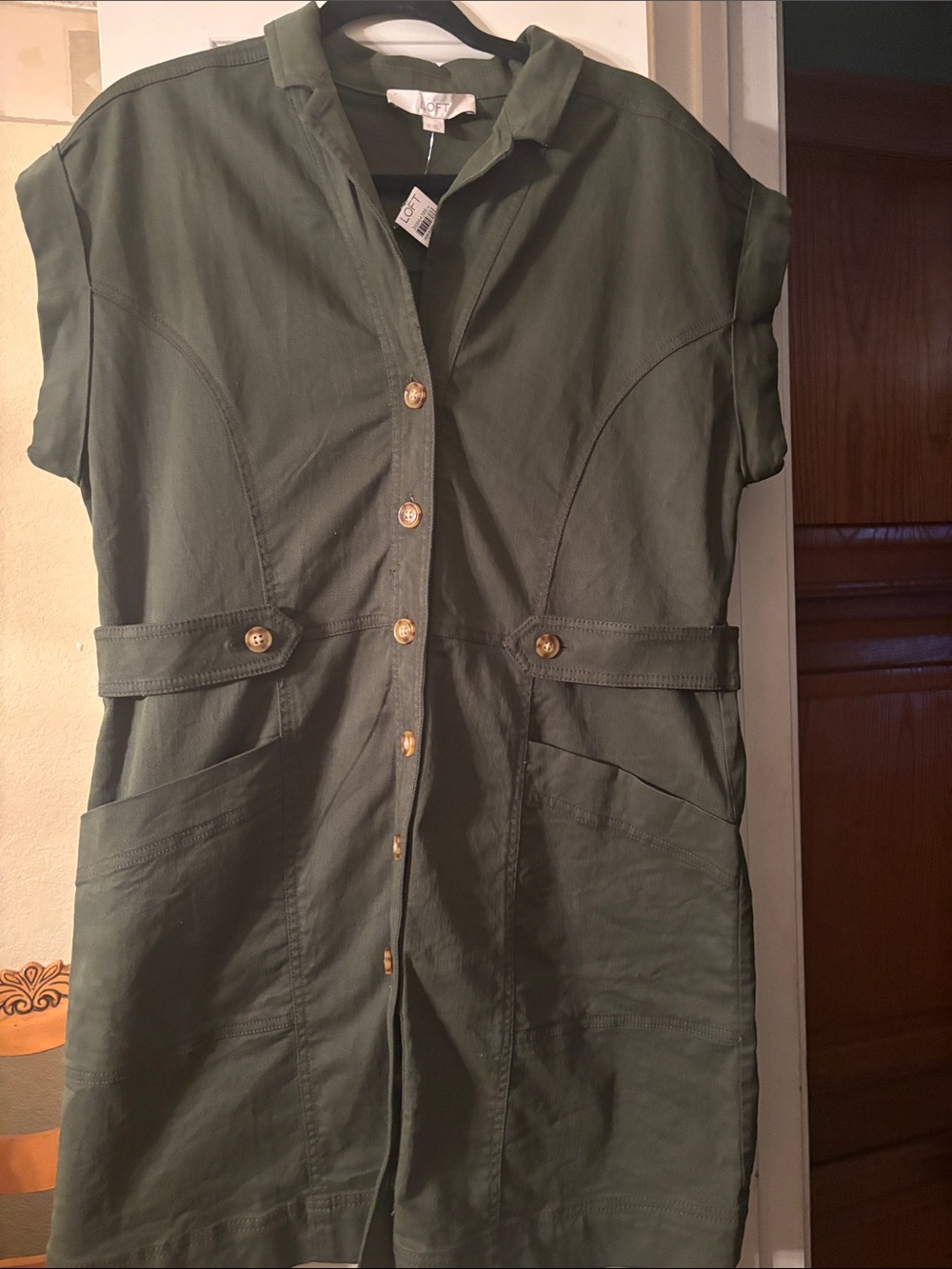 LOFT Army Green Button-Front Midi Shirt Dress